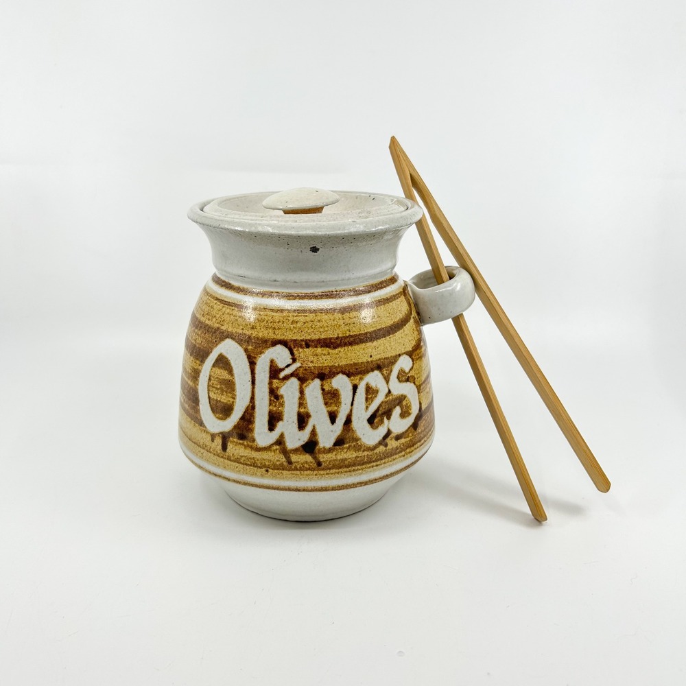 Vintage Ceramic Olives Canister Handmade Pottery Rustic Stoneware Kitchen Decor